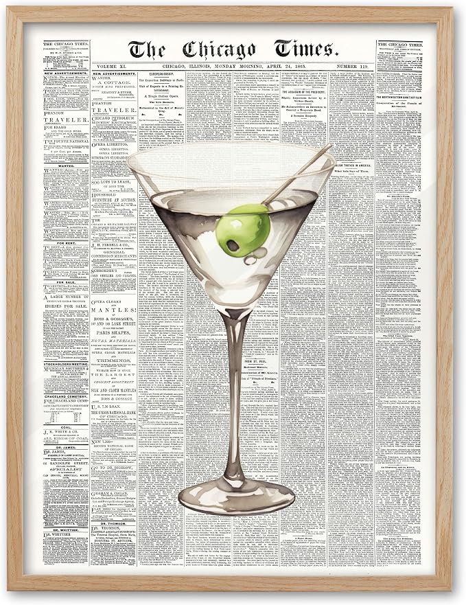 EcoHest 12x16 in Martini Newspaper Framed Wall Art for Bar Cart | Natural Oak Wood Frame, Canvas Wall Art, Martini Cocktail Bar Cart Decor for Living Room, Apartment, Dorm Room, Bedroom,1Pack