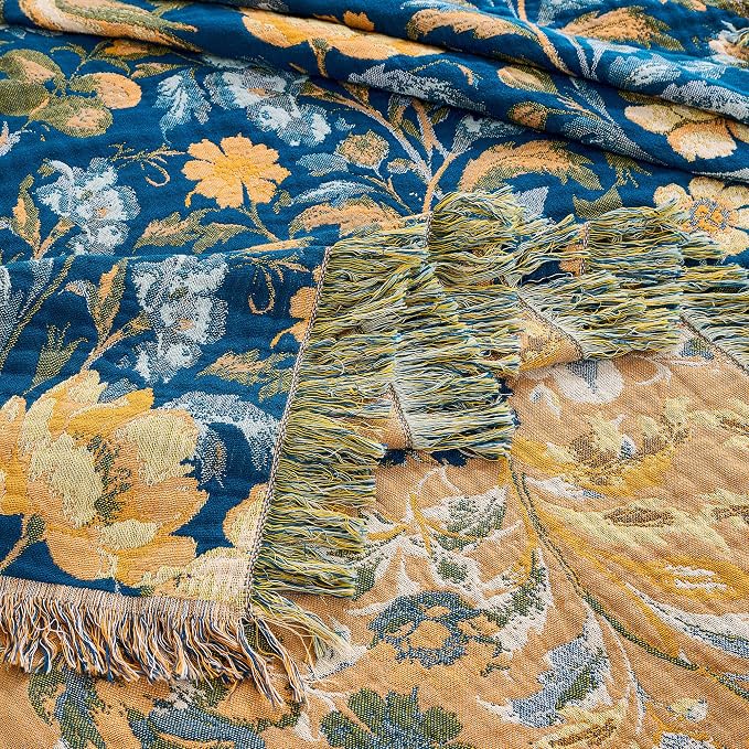 VANJOROY Boho Throw Blanket, 100% Organic Cotton Breathable Ultra Soft 50" x 60" Bed Quilt Blue Throw - All Season Bird Floral Rustic Farmhouse Decor Reversible Blanket for Couch Chair and Gift