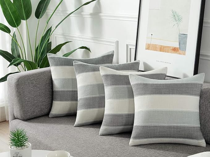 Pack of 2 Farmhouse Stripe Check Throw Pillow Covers Set Case Cotton Linen Decorative Pillowcases Cushion Cover for Couch Bench Sofa 26x26Inch Dark Grey Beige