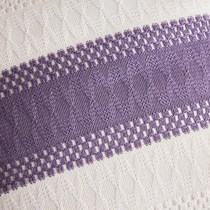 2pk Boho Pillow Covers 18x18, Natural White/Contrast/Purple | 100% Organic Cotton Body, Stripe Embroidery, Farmhouse Decorative Cushion Covers for Sofa Bed Living Room Home Decor