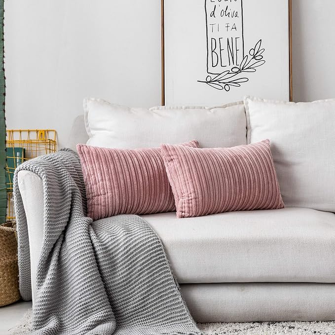 UGASA Velvet Pillow Covers Soft Striped Decorative Throw Cushion Case with Hidden Zipper for Valentine's Day Couch/Bedroom/Sofa, Cozy Solid Oblong Lumbar Pillowcase 1 Piece 12"x20", Baby Pink