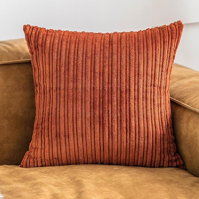 UGASA Fall Decor Super Soft Striped Corduroy Pillow Covers Large Throw Pillow Sham Cushion Cover Living Room, 1 Pc, 24" x 24" (Pack of 1) (61cm), Burnt Brick