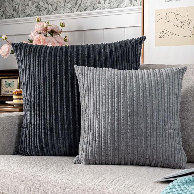 UGASA Velvet Soft Soild Decorative Pillow Covers Square Corduroy Pillowcases for Livingroom/Couch, 20"x20"(50x50cm), 2 Pcs, Dark Grey