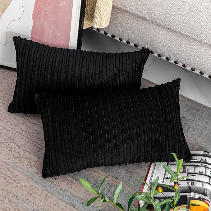 UGASA 14x20 Inch Pillow Cover Pack of 1 Soft Boho Stripe Corduroy Long Rectangular Lumbar Cushion Cover Farmhouse Decorative Throw Pillowcase for Bed, Couch, Sofa, Bedroom, Living Room, Black