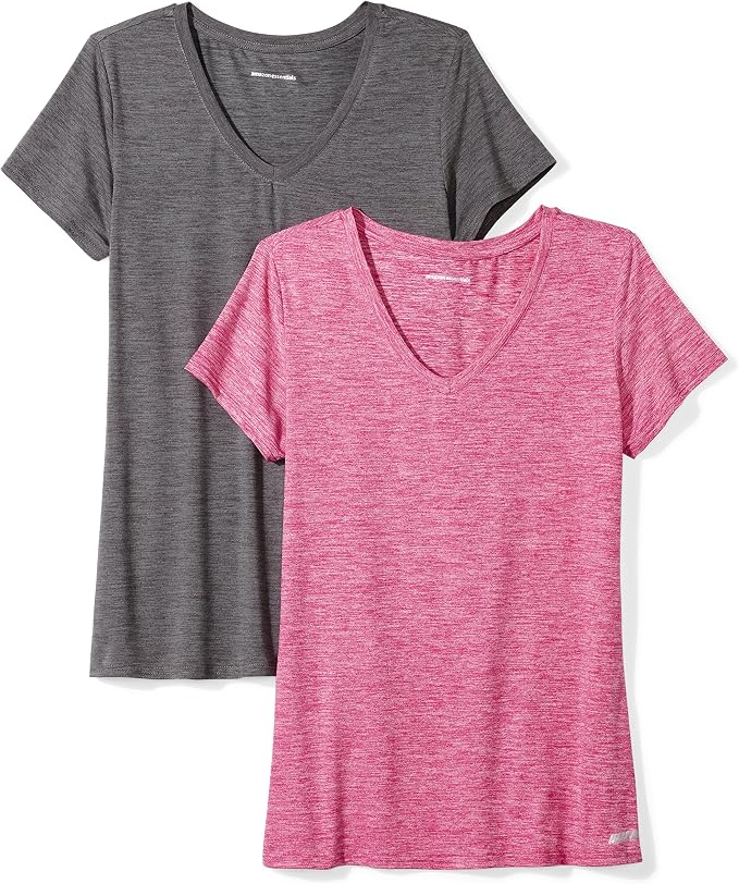 Amazon Essentials Women's Active Quick Dry Tech Stretch Short-Sleeve V-Neck T-Shirt (Available in Plus Size), Pack of 2