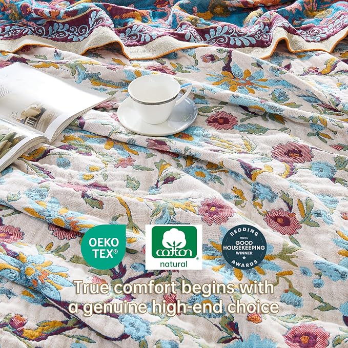 VANJOROY Boho Throw Blanket, 100% Organic Cotton Breathable Skin-Friendly Ultra Soft 80" x 90" Bed Quilt Throw - Floral Rustic Decor Luxury Reversible Blanket for Sofa Couch Chair and Gift,