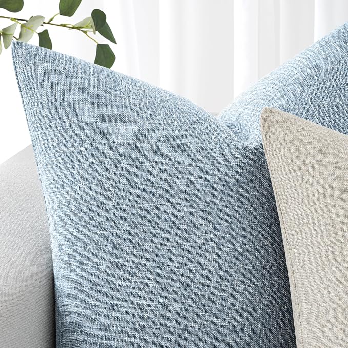 MIULEE Pack of 2 Linen Textured Pillow Covers, 18x18 Inch Light Blue | Decorative Burlap Pillowcases, Coastal Boho Farmhouse Accent Home Decor for Sofa Couch Bedroom Living Room