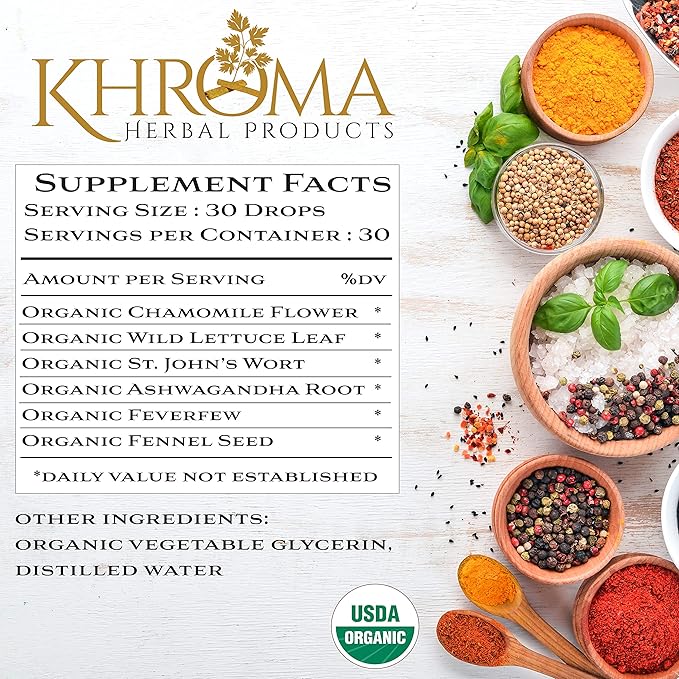 Happy Organic Mood Supplement - by Khroma Herbs - 30 Servings - Made in USA - Packed in a Glass Bottle