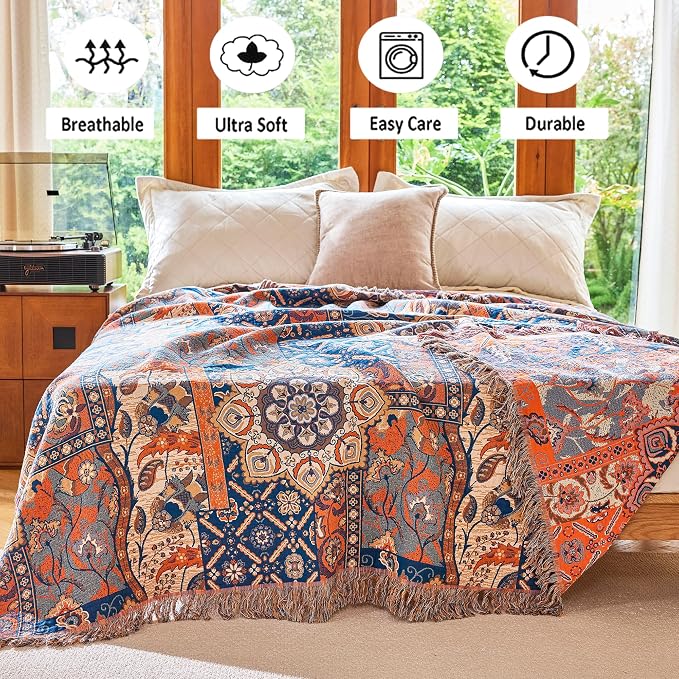 VANJOROY Boho Throw Blanket for Bed Couch 60" x 80", 100% Organic Cotton Skin-Friendly Ultra Soft Quilt Throw - Floral Rustic Living Room Decor Luxury Reversible Blanket for Sofa Chair and Gift
