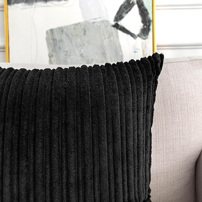UGASA Super Soft Plush Corduroy Pillow Covers Solid Textured Large Throw Euro Pillow Sham Cushion Cover for Couch Floor, 2 Pcs, 18 x 18(45cm), Black