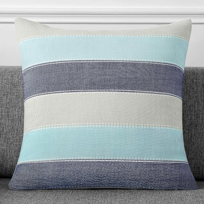 Pack of 2 Farmhouse Stripe Check Throw Pillow Covers Set Case Cotton Linen Decorative Pillowcases Cushion Cover for Couch Bench Sofa 16x16Inch Blue Beige