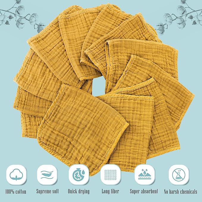 Cute Castle 12 Pack Muslin Burp Cloths for Baby - Ultra-Soft 100% Cotton Baby Washcloths - Large 20'' by 10'' Super Absorbent Milk Spit Up Rags - Burpy Cloths for Unisex, Boy, Girl - Honey