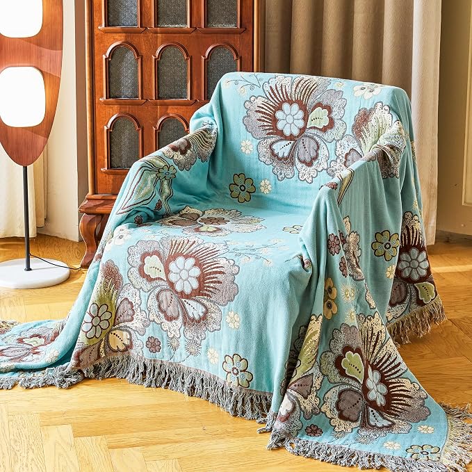 VANJOROY Boho Throw Blanket 60" x 80", 100% Organic Cotton Breathable Skin-Friendly Ultra Soft Bed Quilt Blue Throw - Floral Rustic Decor Luxury Reversible Blanket for Sofa Couch Chair and Gift,
