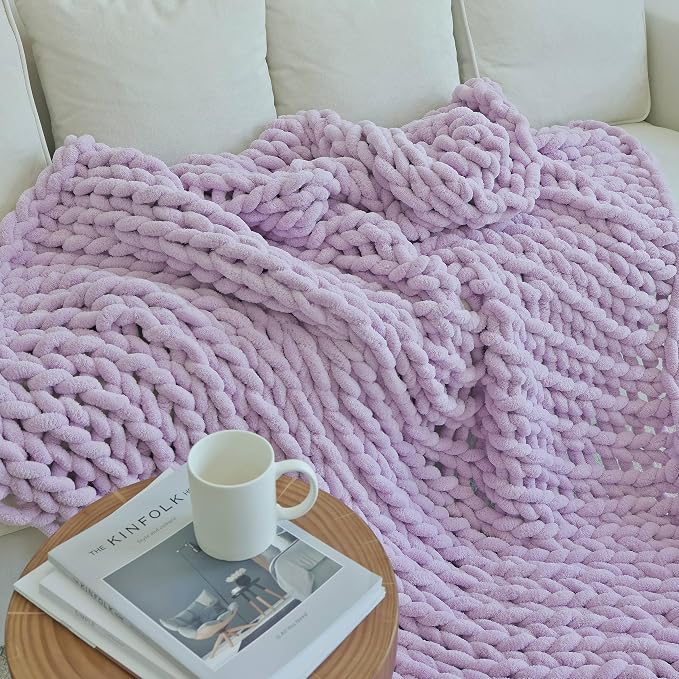 Maetoow Chenille Chunky Knit Blanket,Handmade Cozy for Home Decor,60×80, Purple