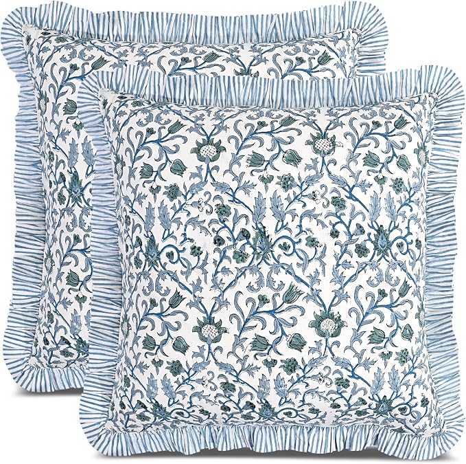 CPC Ocean Vine Hand Block Print 100% Cotton Ruffle Throw Pillow Cover 24x24 inch with Hidden Zipper Decorative for Couch, Bed, Sofa, Farmhouse, Cottagecore Decor Gift Christmas Fall Thanksgiving