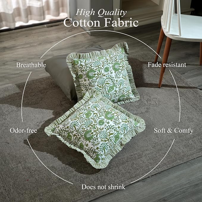 CPC Block Print Ruffle Throw Cover Agate Green 24"x24" Inch Pack of 2-100% Cotton Ruffle Couch Decorative Boho Pillows Case for Living Room, Bedroom, Sofa, Farmhouse Gift for Spring, Mother's Day