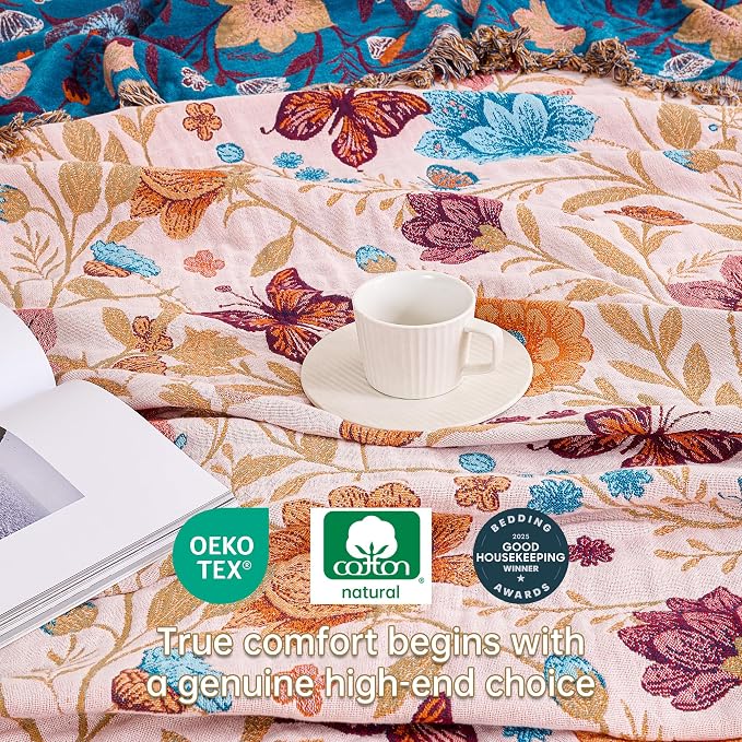 VANJOROY Boho Throw Blanket, 100% Organic Cotton Breathable Ultra Soft 60" x 80" Bed Quilt Throw - All Season Floral Rustic Farmhouse Decor Luxury Reversible Blanket for Sofa Couch Chair and Gift