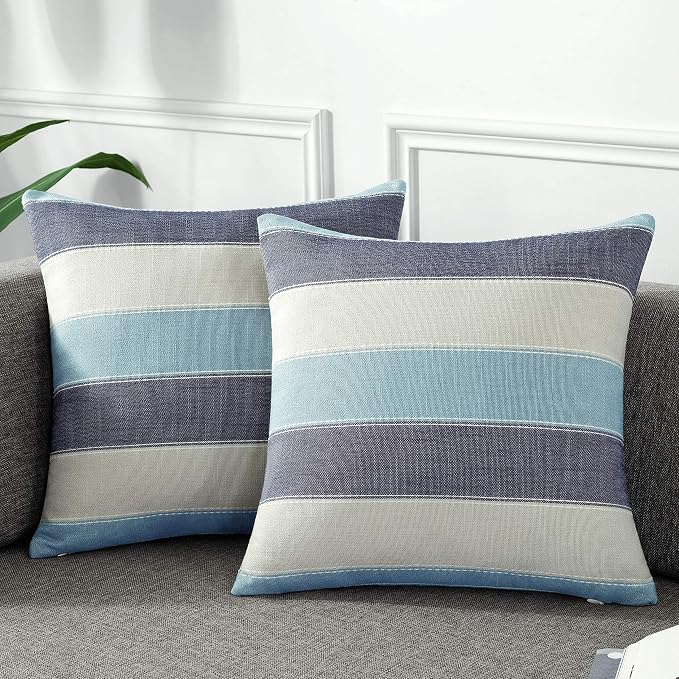 Pack of 2 Farmhouse Stripe Check Throw Pillow Covers Set Case Cotton Linen Decorative Pillowcases Cushion Cover for Couch Bench Sofa 16x16Inch Blue Beige