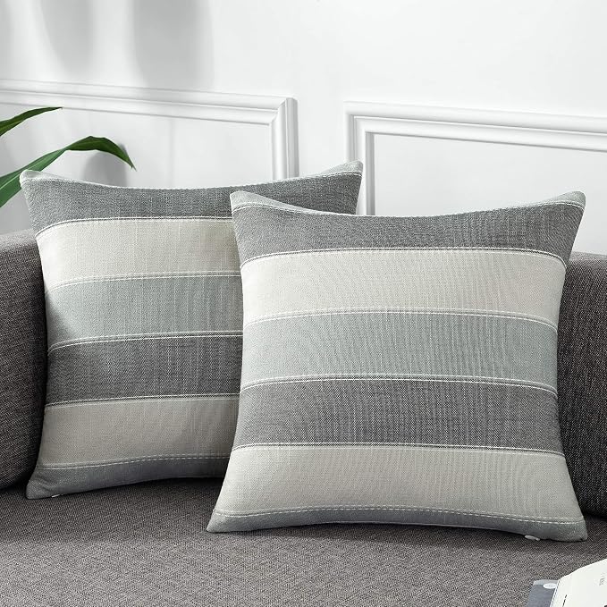 Pack of 2 Farmhouse Stripe Check Throw Pillow Covers Set Case Cotton Linen Decorative Pillowcases Cushion Cover for Couch Bench Sofa 26x26Inch Dark Grey Beige