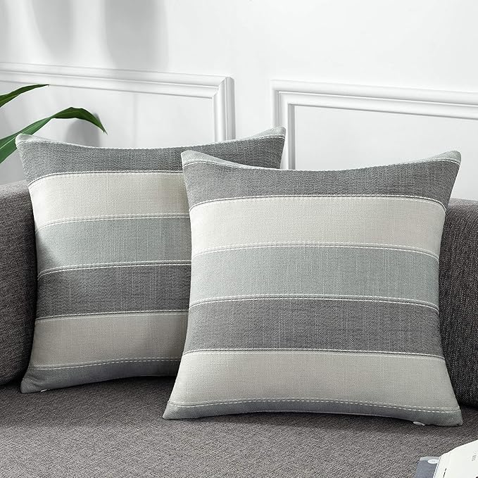 Pack of 2 Farmhouse Stripe Check Throw Pillow Covers Set Case Cotton Linen Decorative Pillowcases Cushion Cover for Couch Bench Sofa 24x24Inch Dark Grey Beige