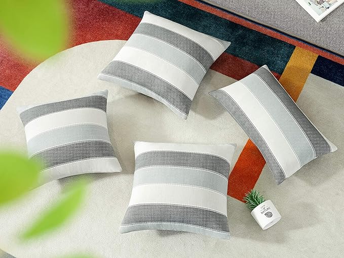 Pack of 2 Farmhouse Stripe Check Throw Pillow Covers Set Case Cotton Linen Decorative Pillowcases Cushion Cover for Couch Bench Sofa 24x24Inch Dark Grey Beige