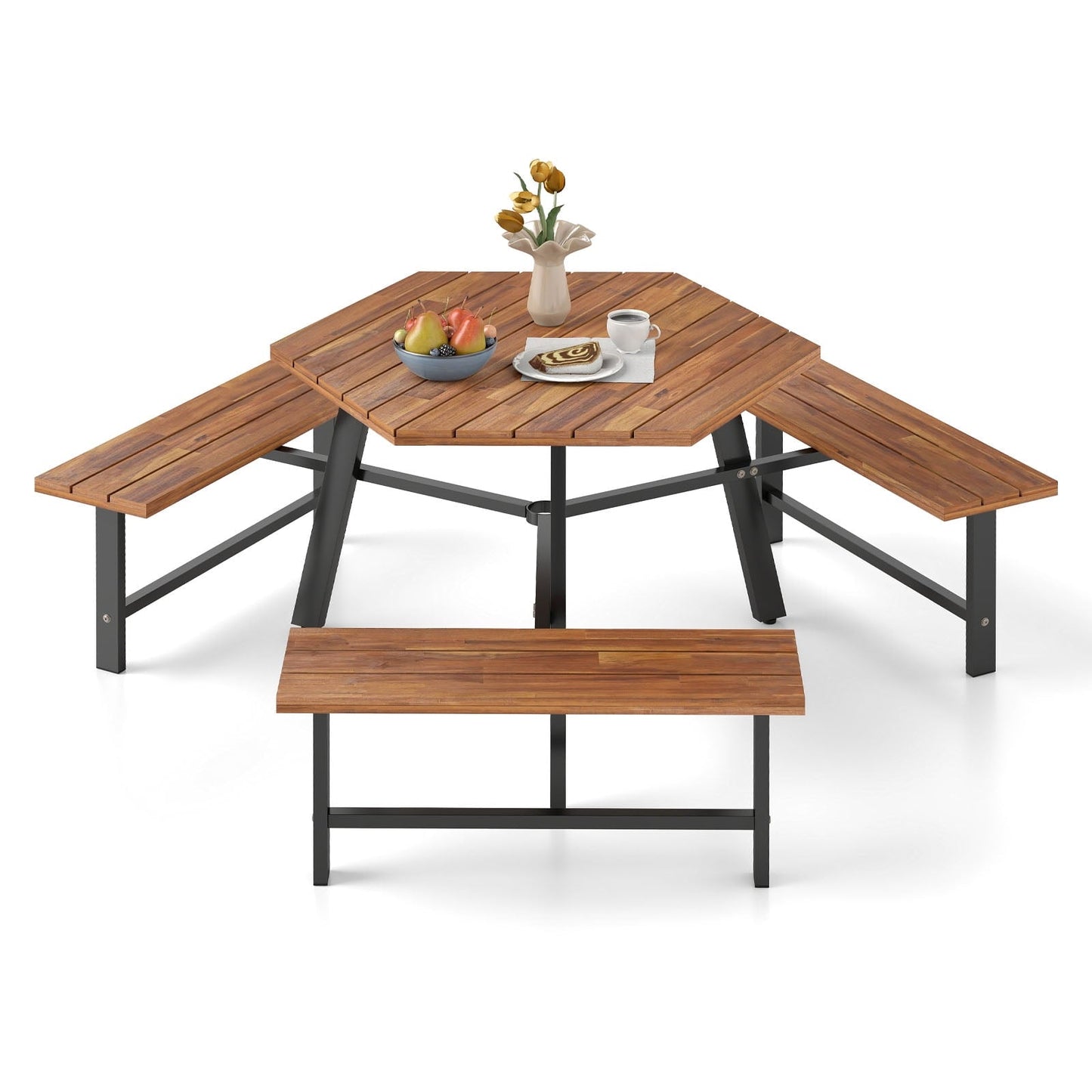 Gymax 6 Person Acacia Wood Picnic Table Bench Set w/3 Seats Umbrella Hole Metal Frame