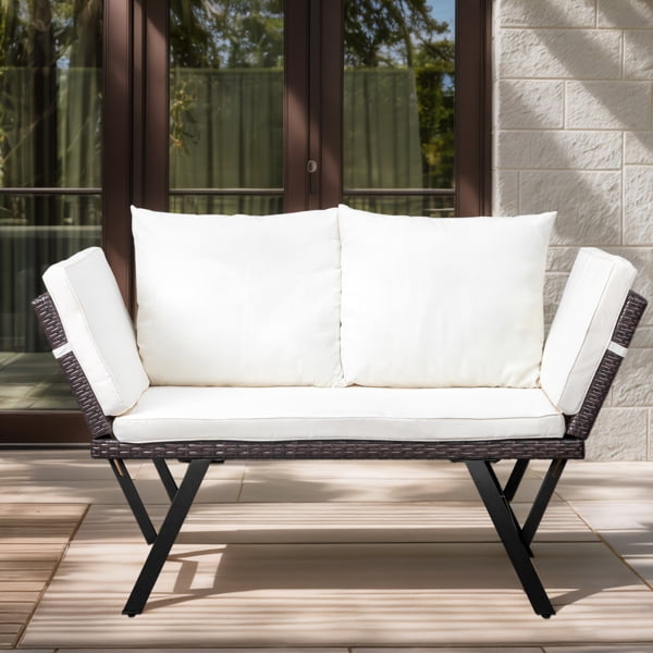 Outdoor Sofa, Woven Rattan Patio Furniture, Convertible Daybed or Double Chair with Adjustable Armrests, Cushions and Pillows for Yard Porch Pool