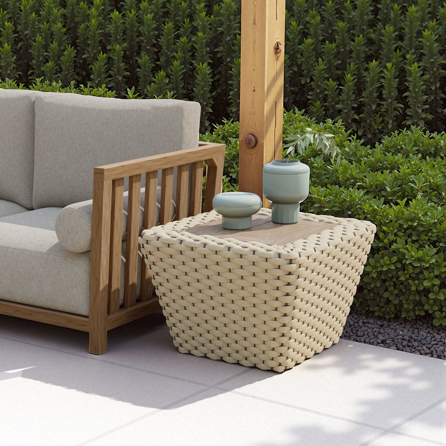 Antul Coffee Table White & Natural Coffee Table, Modern Style, Painted Acacia Wood square shape tabletop, Aluminum, Outdoor Living