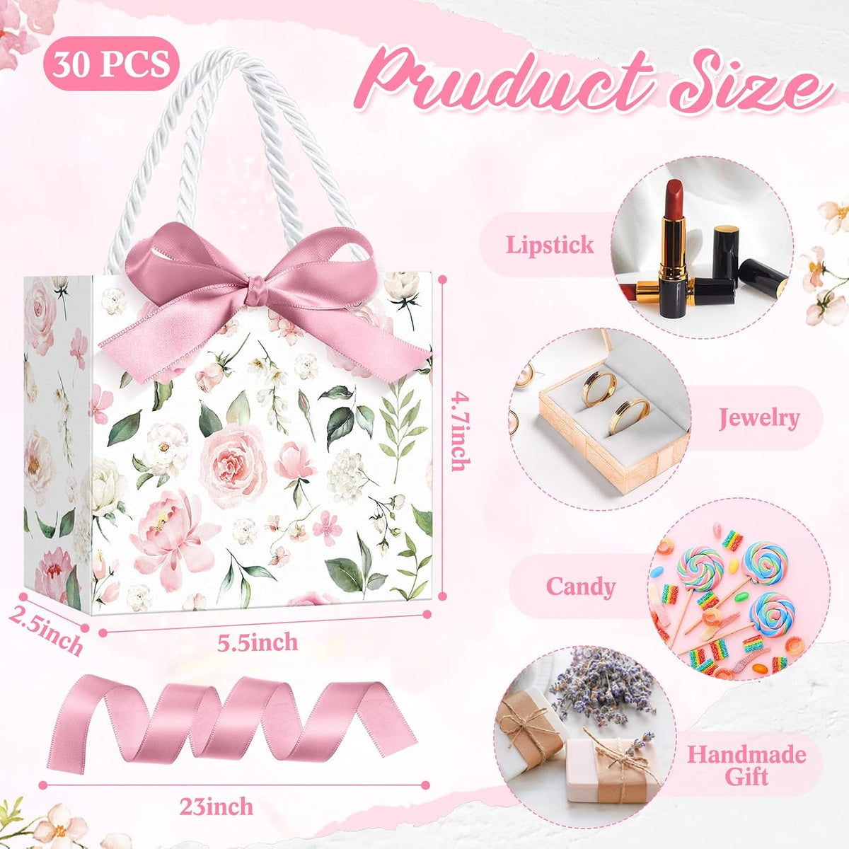 30 Pcs Mini Pink Floral Gift Bags with Ribbon Handle Party Favors