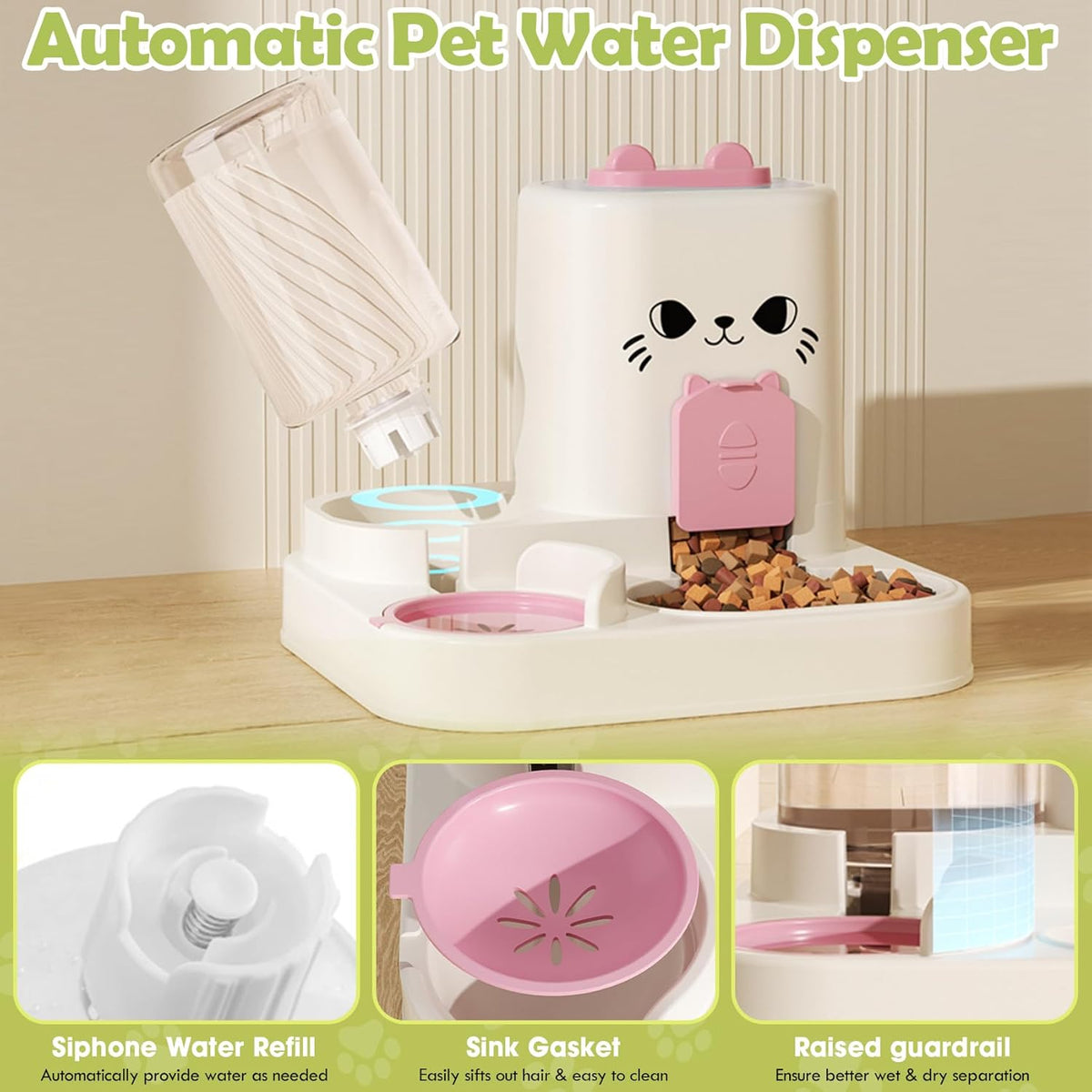 1.6L Auto Gravity Pet Feeder and 0.6L Water Dispenser Set, Automatic Cat Food and Water Dispenser, Gravity Pet Feeder for Small Medium Dog Puppy Cat Kitten (Pink)