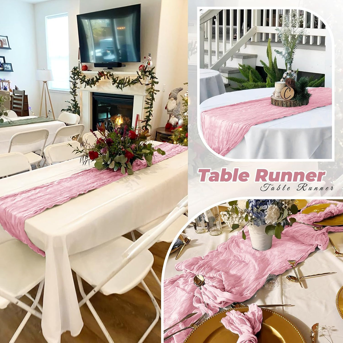12 Pack Light Pink Cheesecloth Table Runner 20 x 120 Inch Gauze Table Runner Fabric Semi Sheer Cheese Cloth Table Decor Bulk for Rustic Romantic Wedding Baby Shower Party Table Decoration