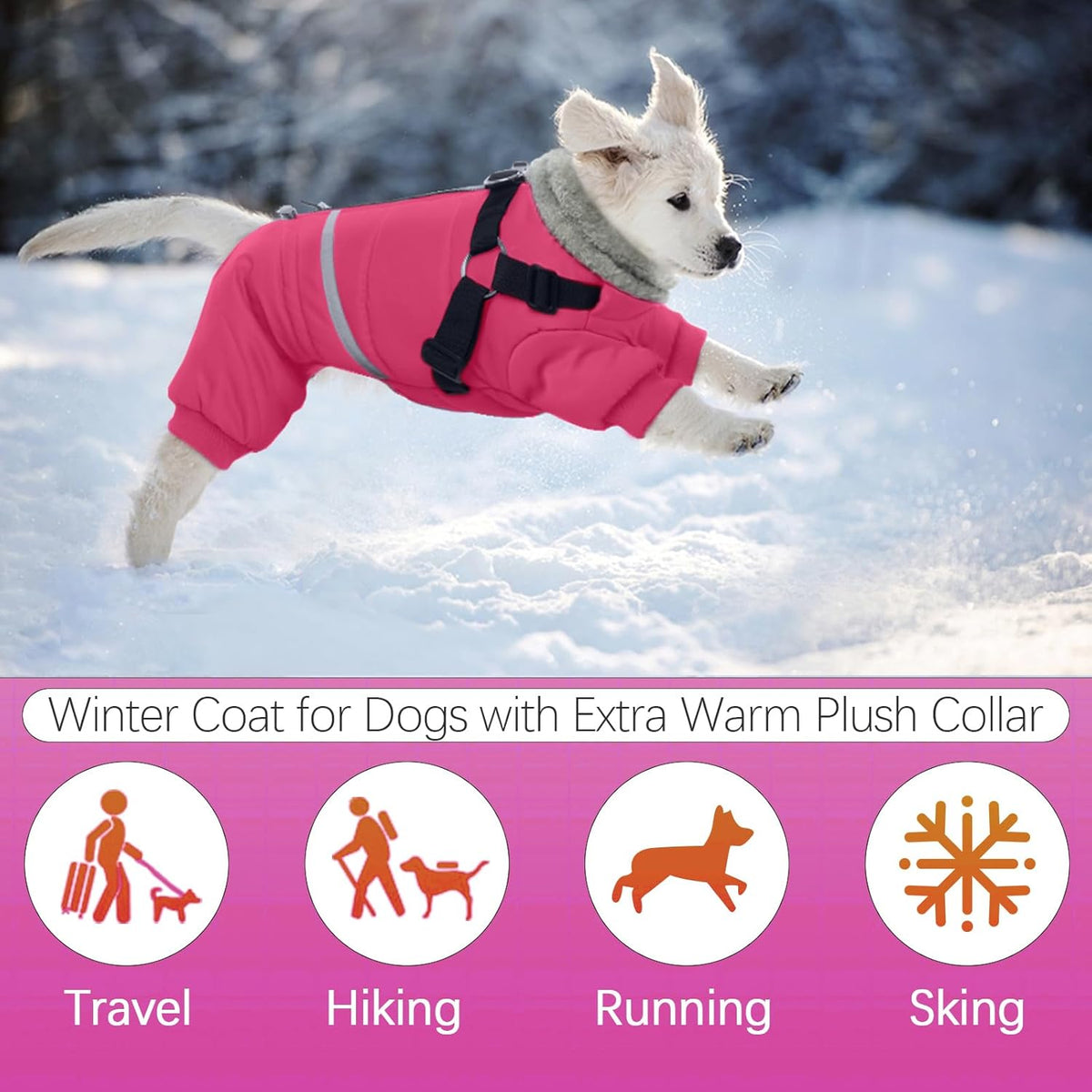 BRKURLEG Dog Winter Coat with Harness Built in, Winter Dog Jacket for Small and Medium Dogs, Small Dogs Snowsuit Reflective Windproof Cold Weather Coat, Puppy Warm Fleece Coats, Hot Pink, L