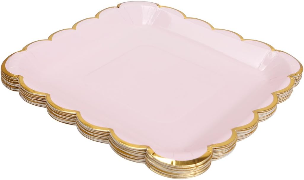 9in Pink Disposable Paper Plates with Gold Scalloped Border, 20ct