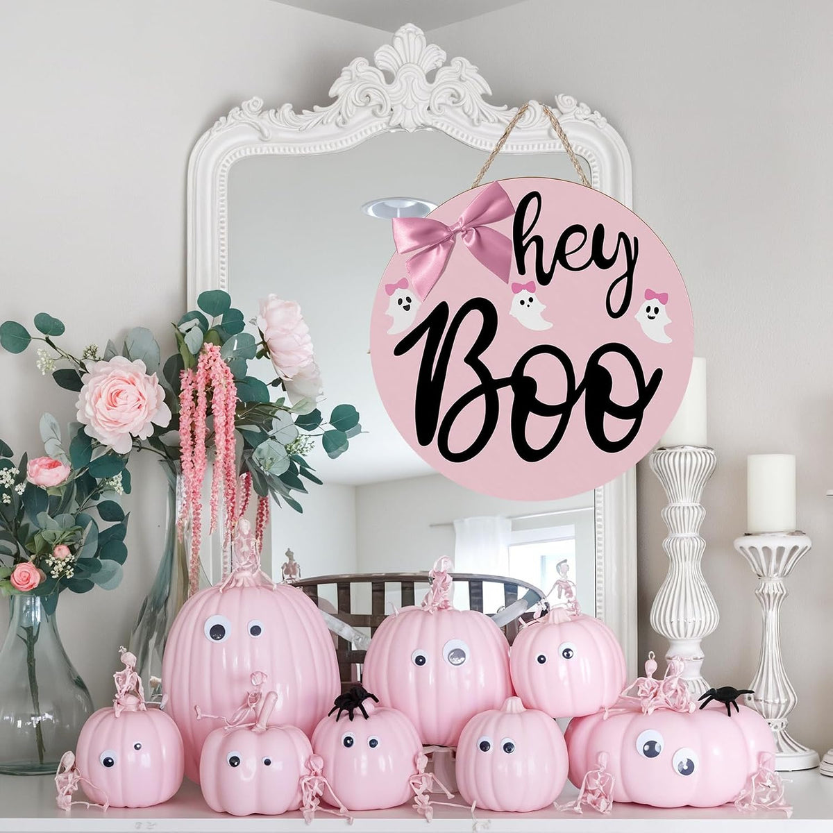 Pink Halloween Decor Hanging Door Porch Wooden Hey Boo Sign Decorations