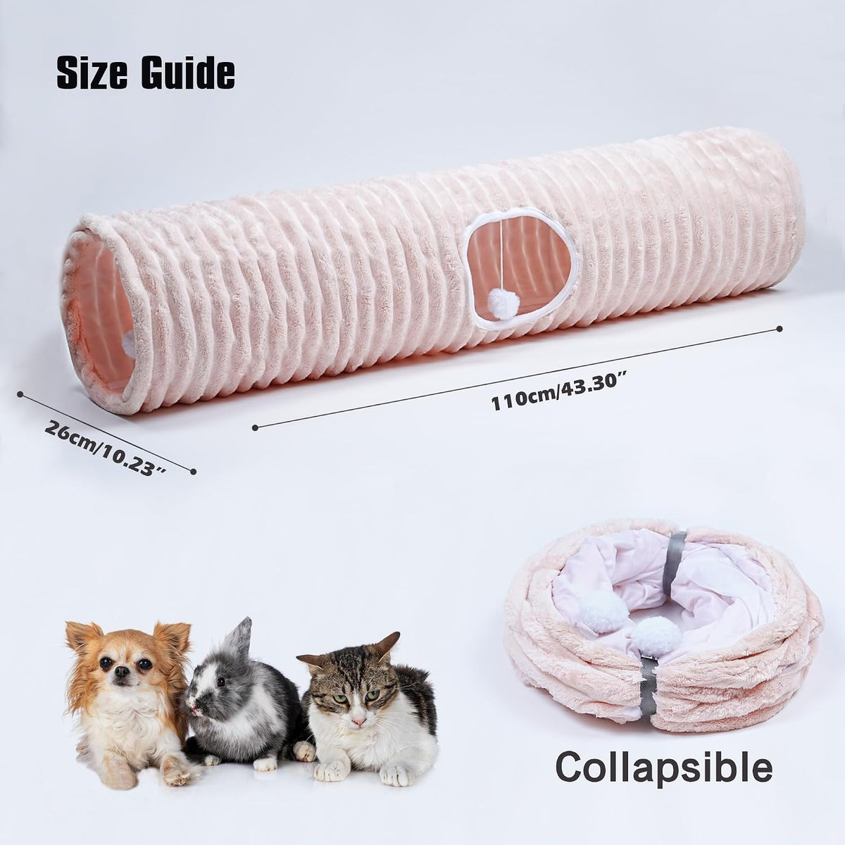 Luxurious Cat Tunnel,43" Straight Cat Tunnel Toys with Balls for Indoor,Collapsible Peekaboo Cave for Kitten（Pink Stripe）
