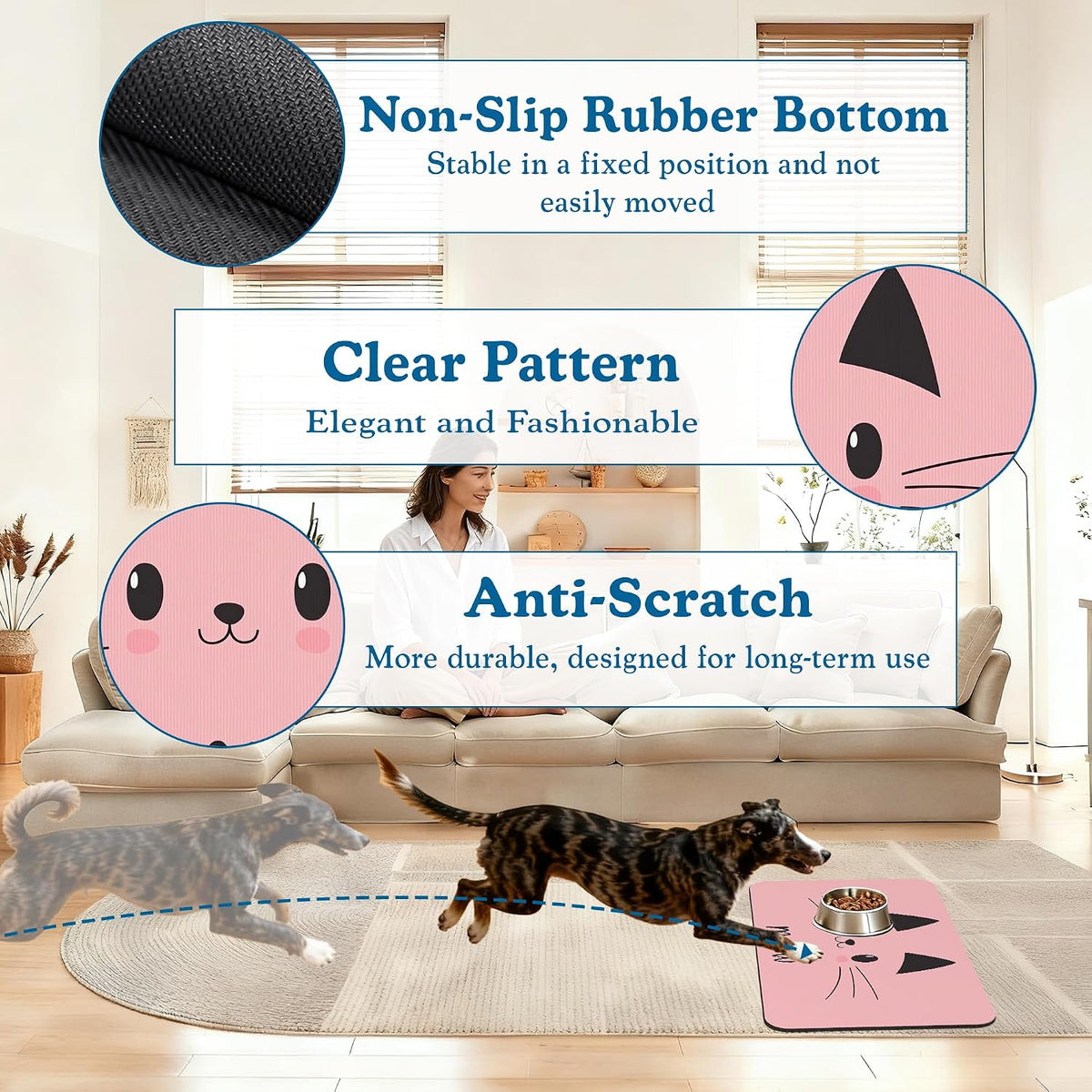 Pink Cat Dog Food Mat–Absorbent Quick Dry Feeding Placemat for Food and Water Bowls, Non Slip Rubber Backing, Waterproof Pet Supplies for Mess-Free Eating 12"x20"