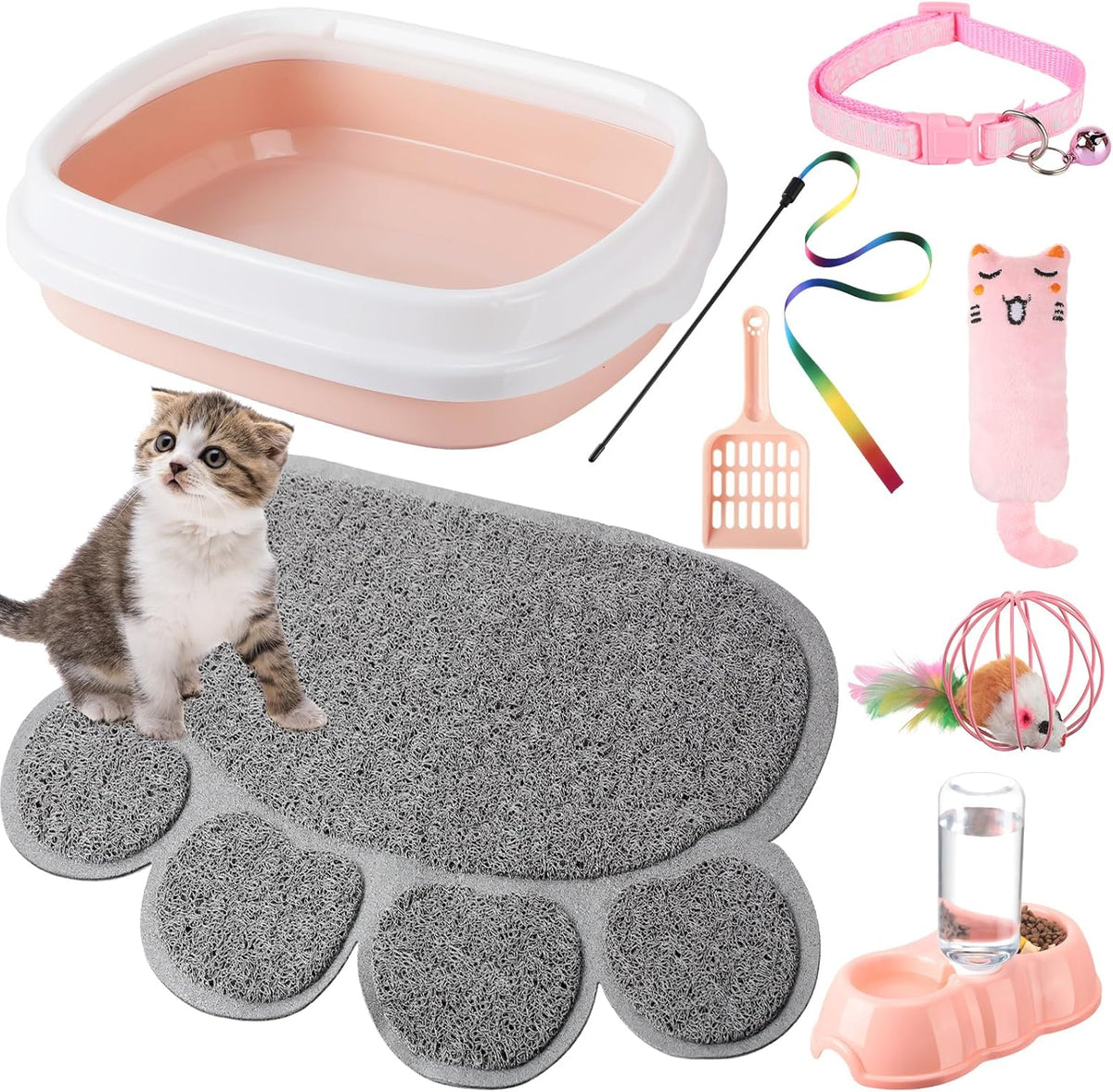 7 Pcs Small Cat Kitten Starter Kit Cat Litter Box with Shovel Paw Litter Mat Double Automatic Kitten Bowls Toy Teaser Stick Collar Essentials Kits for 1-3 Lbs Beginner(Stylish,Light Pink)