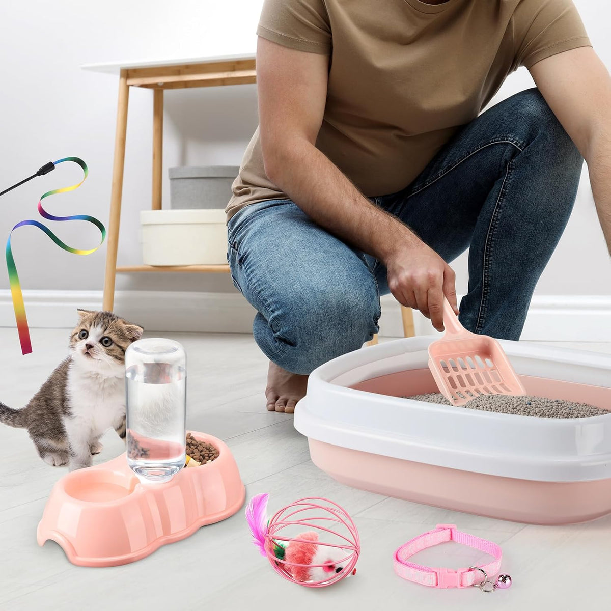 7 Pcs Small Cat Kitten Starter Kit Cat Litter Box with Shovel Paw Litter Mat Double Automatic Kitten Bowls Toy Teaser Stick Collar Essentials Kits for 1-3 Lbs Beginner(Stylish,Light Pink)