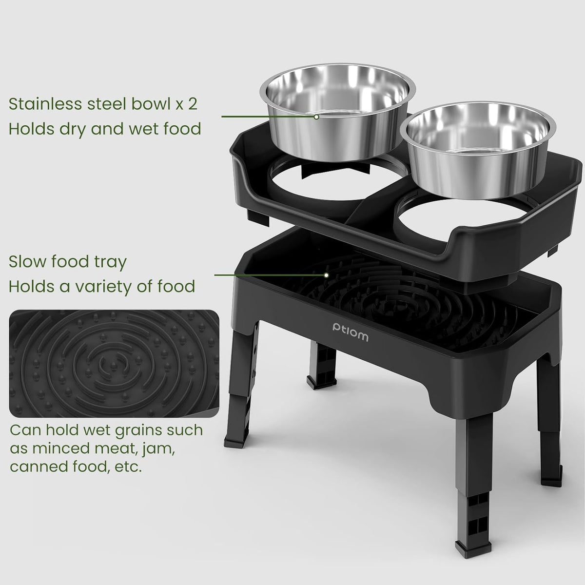 3-in-1 Elevated Dog Bowls Mess Proof Raised Slow Feeder Dog Bowls, 4 Height Adjustable Dog Bowl Stand Licking Plate with 2 56oz Stainless Steel Dog Food Bowls for Small Medium Large Dogs Pets