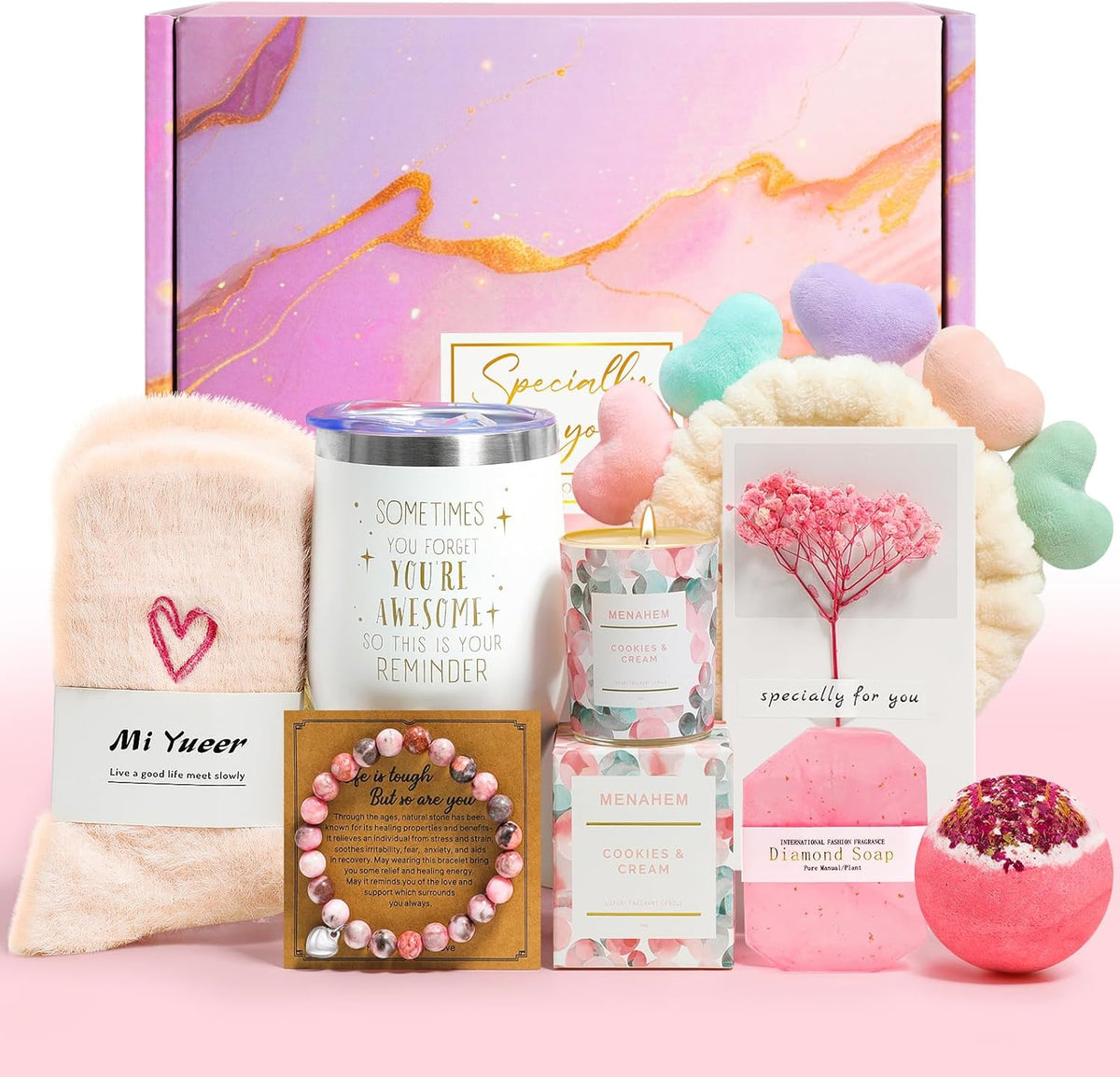 Happy Birthday Gifts for Women, 9pc Get Well Baskets, Pink Self Care Package Relaxing Spa Bath Thinking of You Gift Set for Gf Sister Friend Nurse Daughter Teacher Mother Christmas