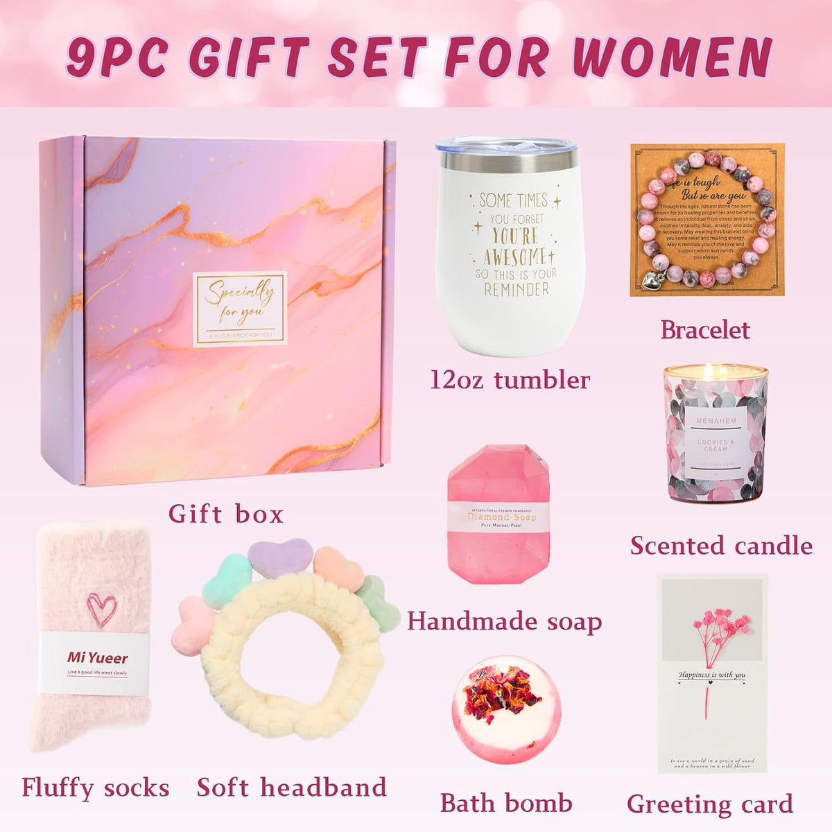 Happy Birthday Gifts for Women, 9pc Get Well Baskets, Pink Self Care Package Relaxing Spa Bath Thinking of You Gift Set for Gf Sister Friend Nurse Daughter Teacher Mother Christmas