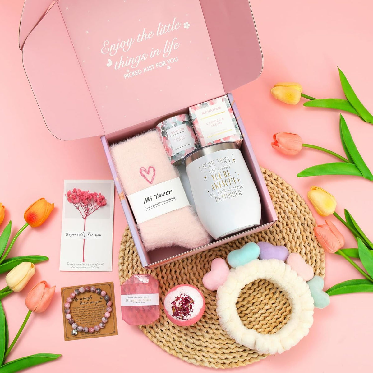 Happy Birthday Gifts for Women, 9pc Get Well Baskets, Pink Self Care Package Relaxing Spa Bath Thinking of You Gift Set for Gf Sister Friend Nurse Daughter Teacher Mother Christmas