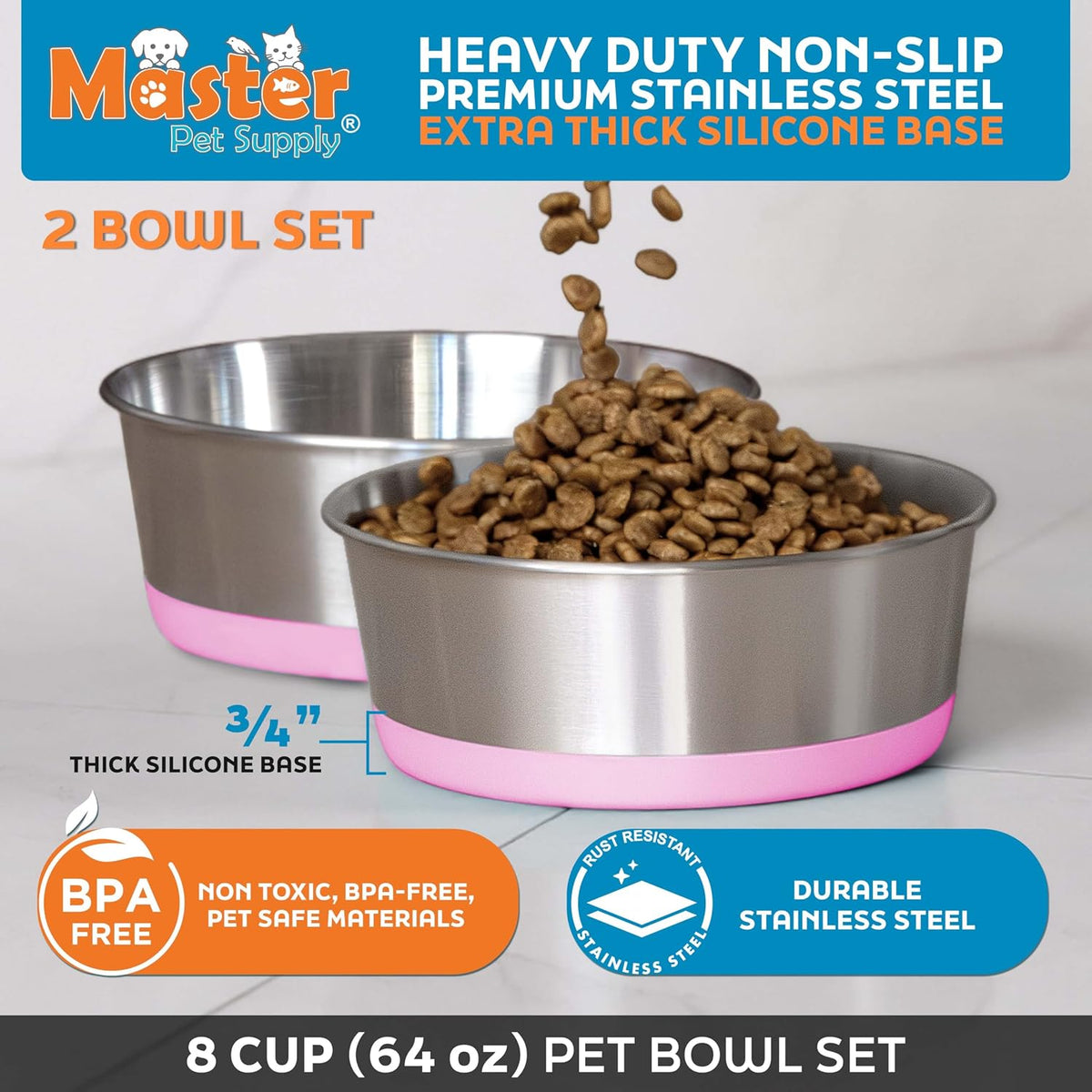 Stainless Steel Dog Bowls - 8 Cup (64 oz) - Hyper Pink