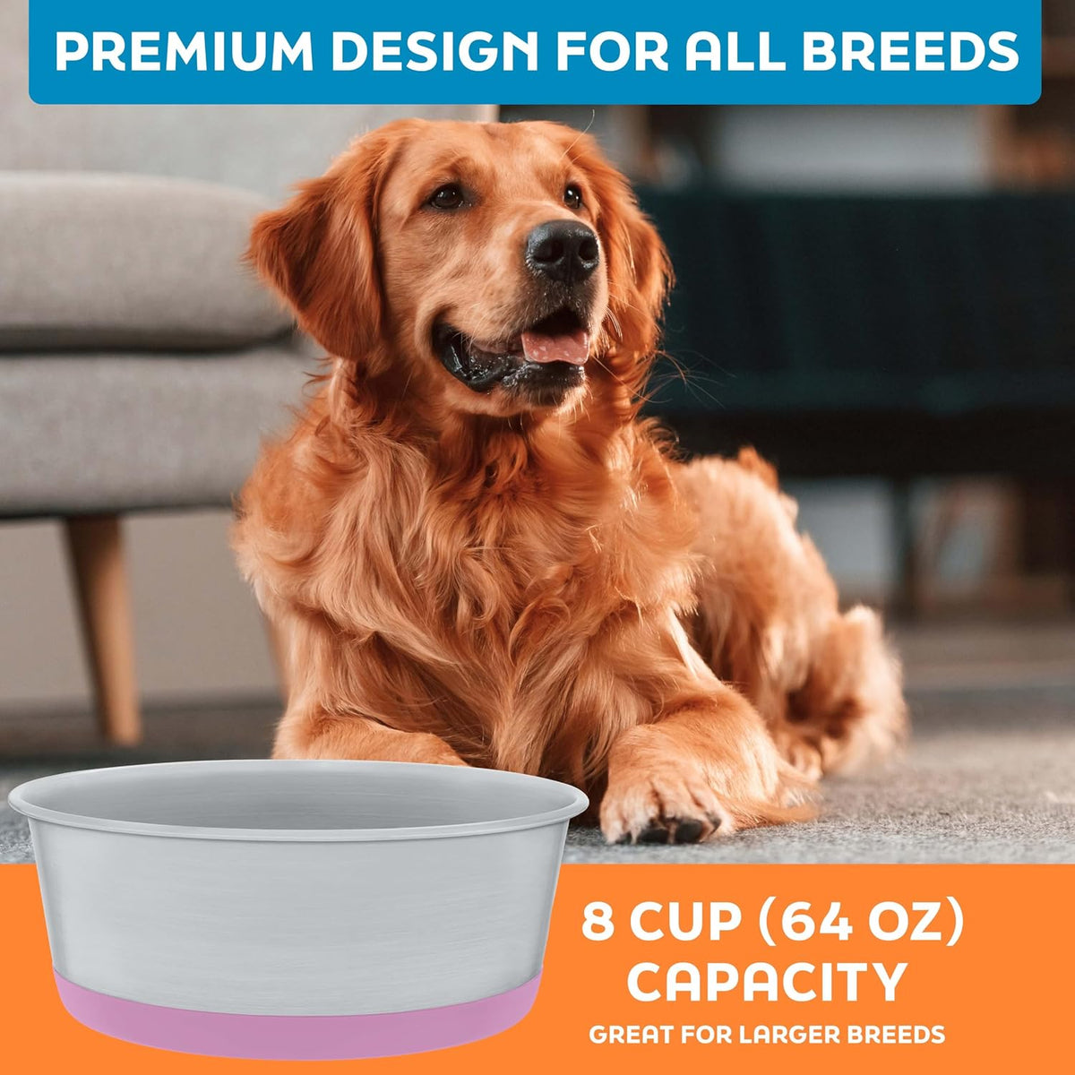 Stainless Steel Dog Bowls - 8 Cup (64 oz) - Hyper Pink