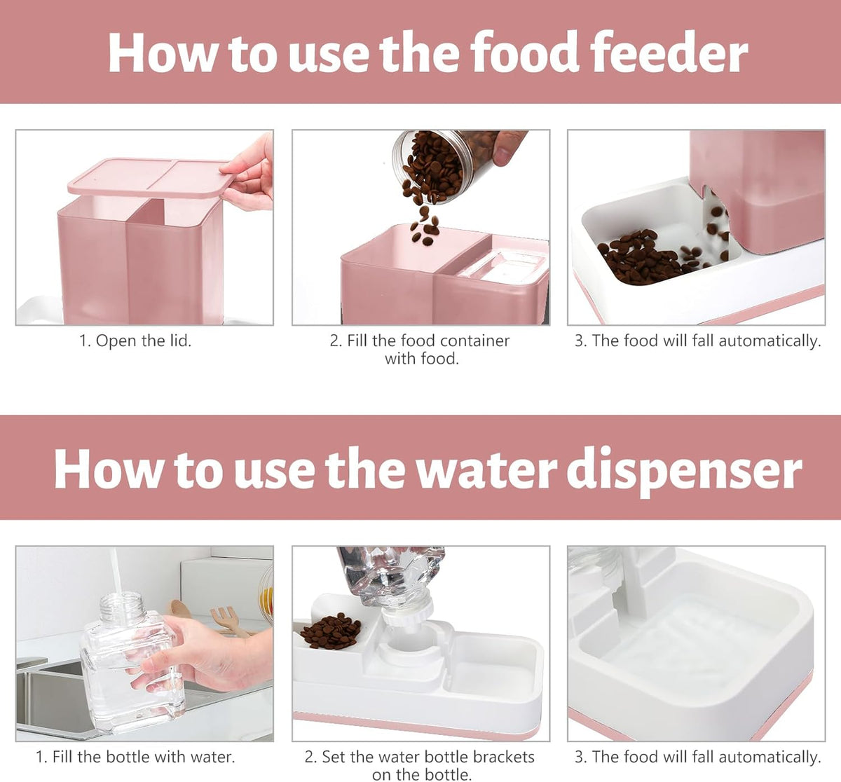 Yummy Sam Automatic Small Pet Feeder and Water Dispenser, 2 in 1 Gravity Cat Auto Pet Feeder and Waterer Set Feeder Dish for Small Medium Pets Dog Puppy Kitten (Pink)