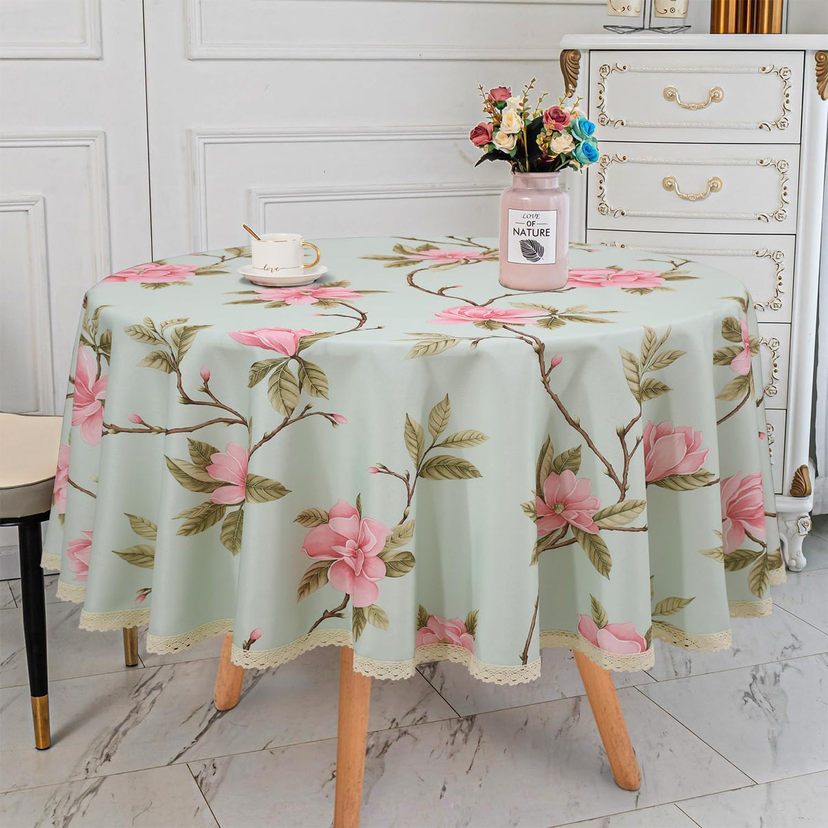 Floral Print Round Tablecloth, Light Green & Pink, 70 Inch