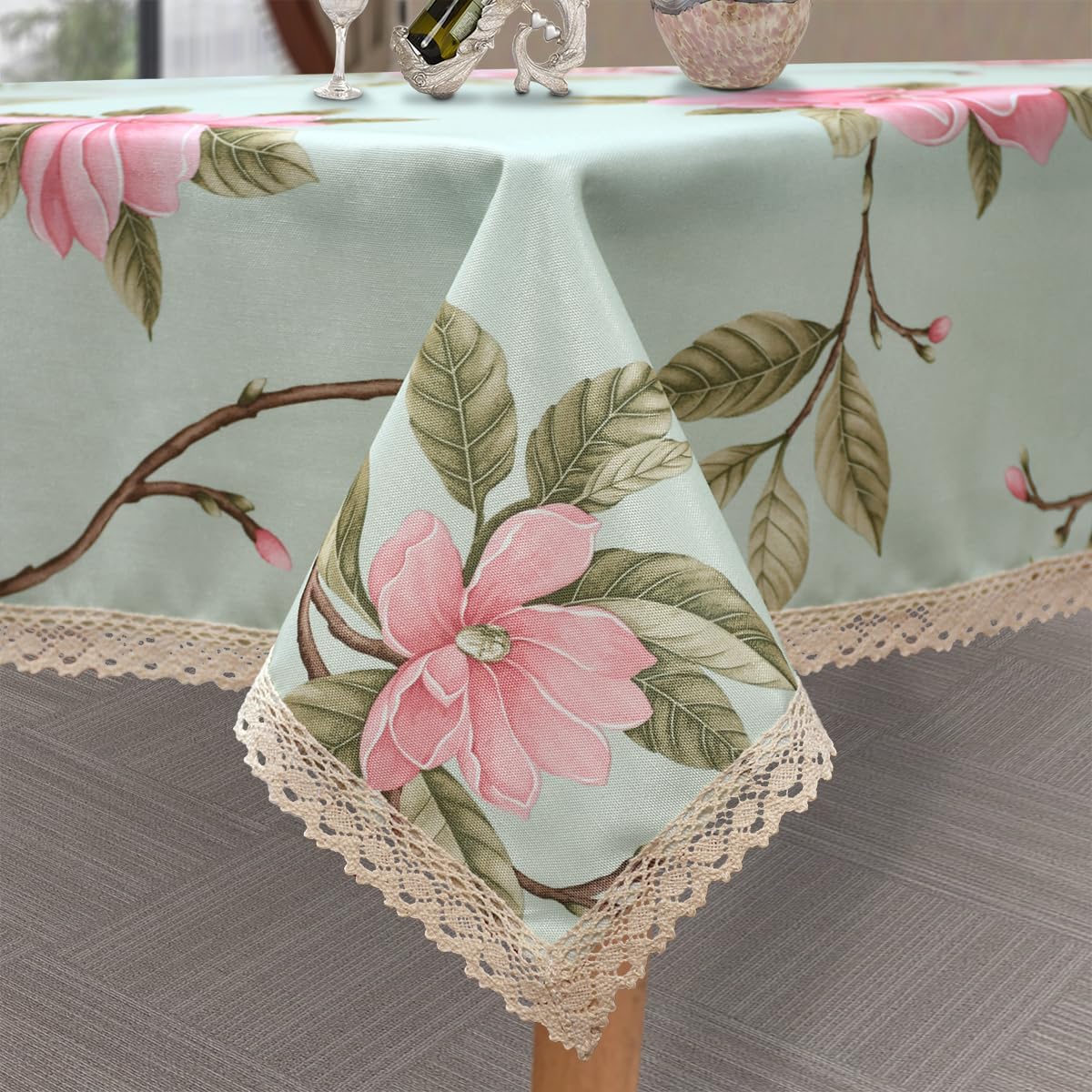 Floral Print Round Tablecloth, Light Green & Pink, 70 Inch