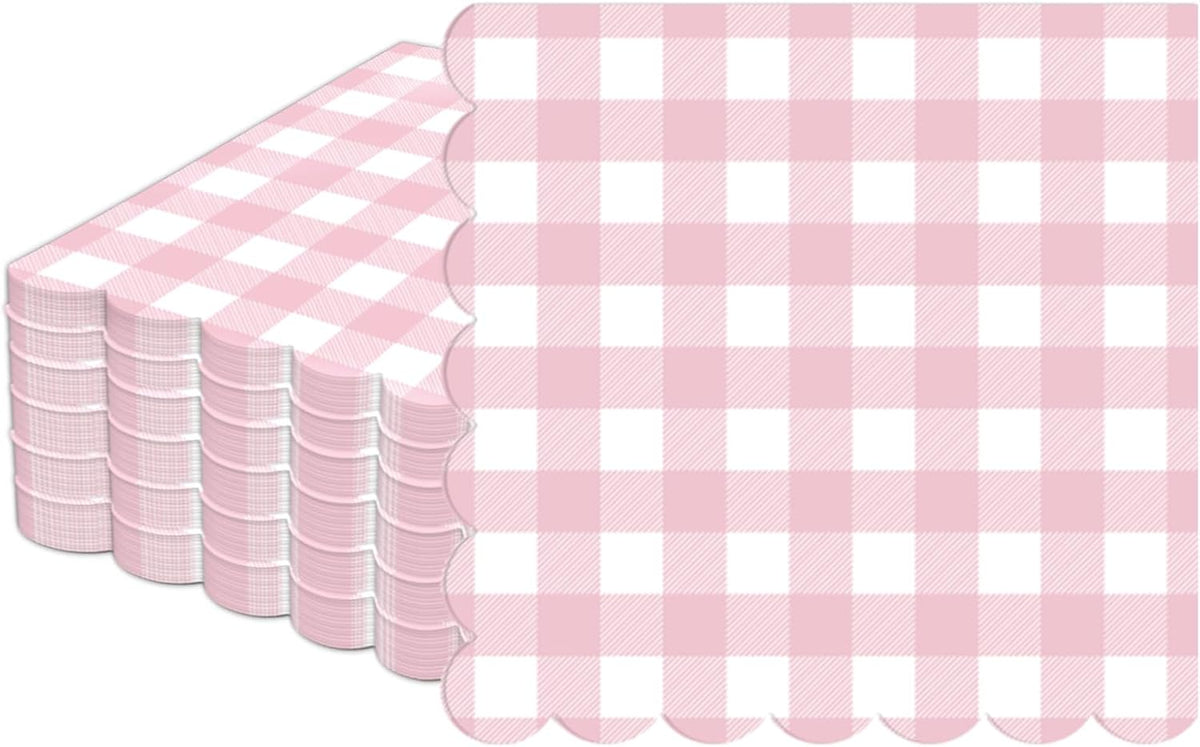 50Pcs Pink Scalloped Napkins Pink and White Checkered Decorative Party Supplies Light Plaid Checkered Dessert Napkins for Girls Women Wedding Birthday Baby Shower Summer Picnic Party