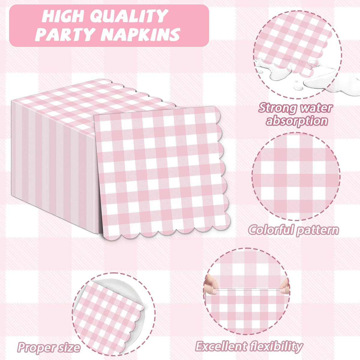 50Pcs Pink Scalloped Napkins Pink and White Checkered Decorative Party Supplies Light Plaid Checkered Dessert Napkins for Girls Women Wedding Birthday Baby Shower Summer Picnic Party