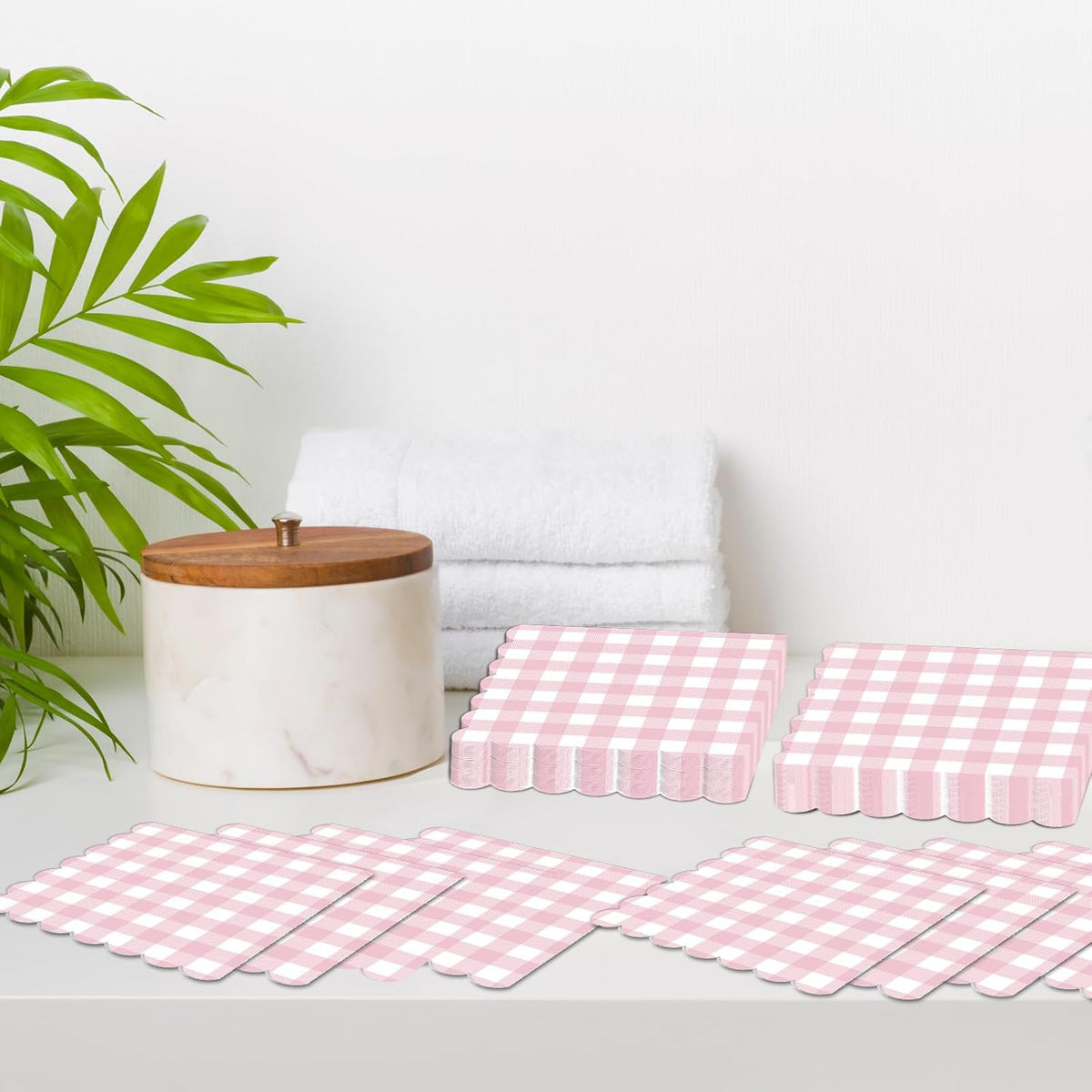 50Pcs Pink Scalloped Napkins Pink and White Checkered Decorative Party Supplies Light Plaid Checkered Dessert Napkins for Girls Women Wedding Birthday Baby Shower Summer Picnic Party